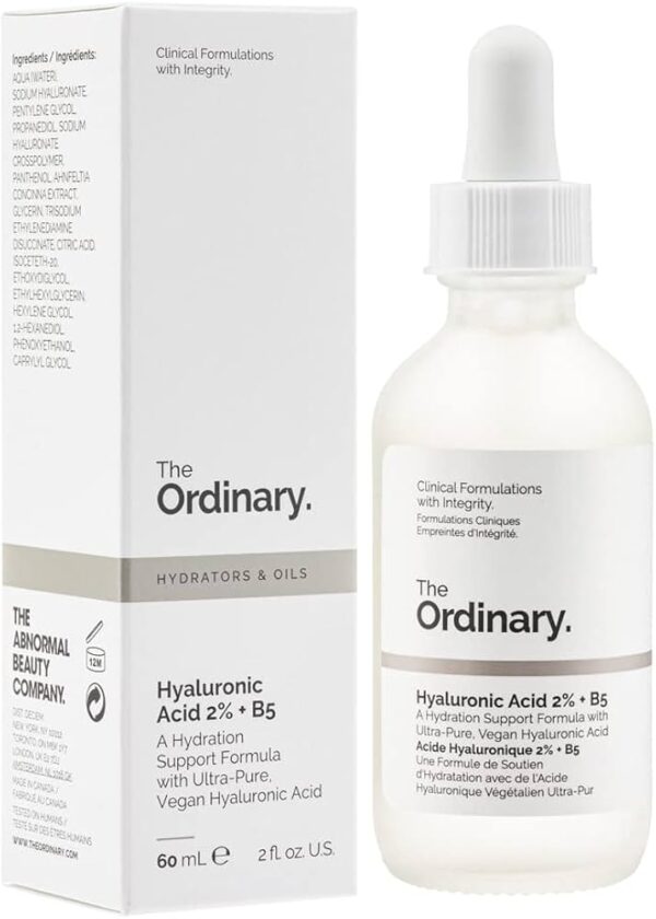 The Ordinary Hyaluronic Acid 2% + B5 serum bottle placed against a clean background, representing hydration and skincare benefits.