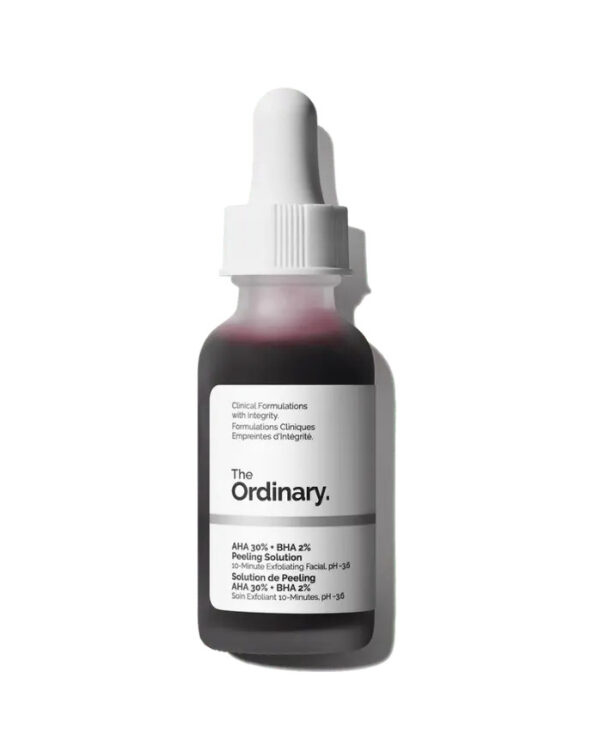 Bottle of The Ordinary AHA 30% + BHA 2% Peeling Solution with dropper, used for deep exfoliation and glowing skin