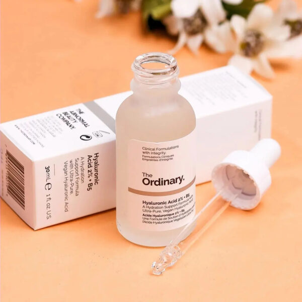 The Ordinary Hyaluronic Acid 2% + B5 serum bottle placed against a clean background, representing hydration and skincare benefits.