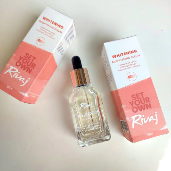 Bottle of Rivaj Whitening & Brightening Serum – lightweight skincare formula for glowing, even-toned skin.