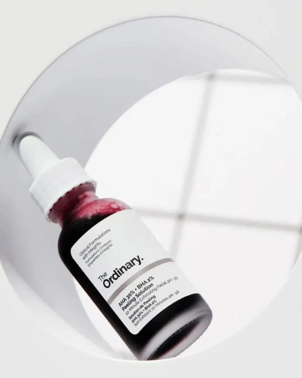 Bottle of The Ordinary AHA 30% + BHA 2% Peeling Solution with dropper, used for deep exfoliation and glowing skin