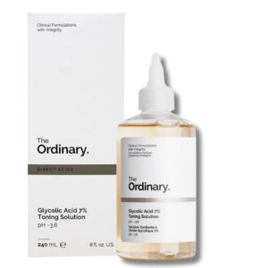 A bottle of The Ordinary Glycolic Acid 7% Toning Solution placed on a white background, used for exfoliating and brightening skin.