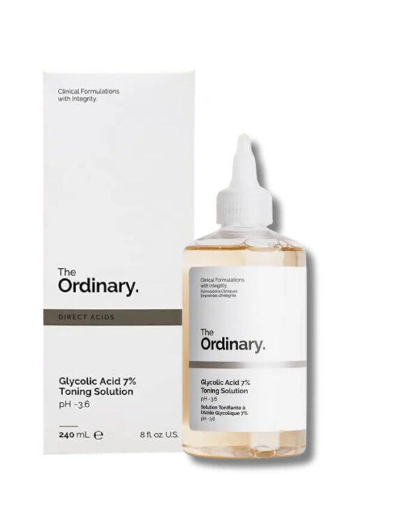 A bottle of The Ordinary Glycolic Acid 7% Toning Solution placed on a white background, used for exfoliating and brightening skin.