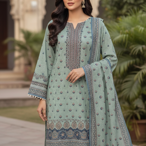 Premium Lawn 3 Piece Digital Printed Suit – Unstitched Summer Lawn Collection (Printed Qameez, Dupatta & Plain Dyed Shalwar)