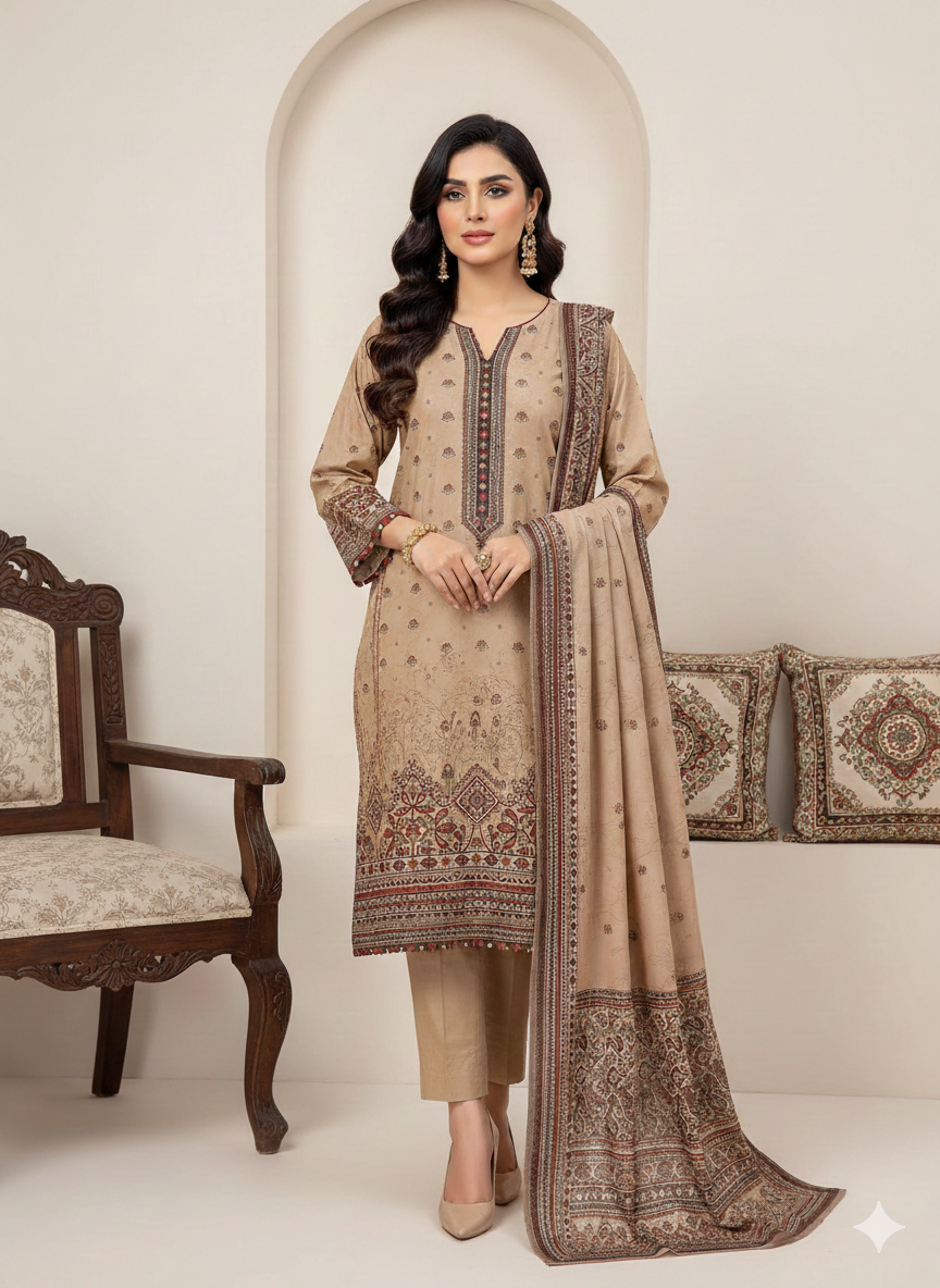 Premium Lawn 3 Piece Digital Printed Suit – Unstitched Summer Lawn Collection (Printed Qameez, Dupatta & Plain Dyed Shalwar)