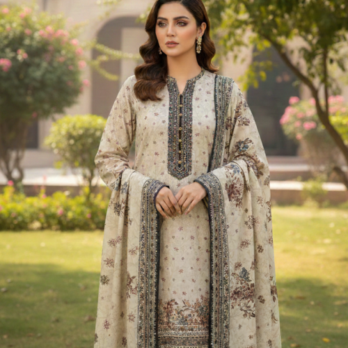 Premium Lawn 3 Piece Digital Printed Suit – Unstitched Summer Lawn Collection (Printed Qameez, Dupatta & Plain Dyed Shalwar)